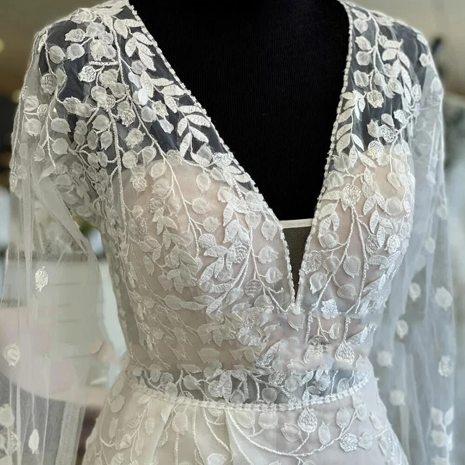 Boho Wedding Dress with Side Split Long Sleeve V Neck Backless Beach Bridal Gown - Image 4 of 4