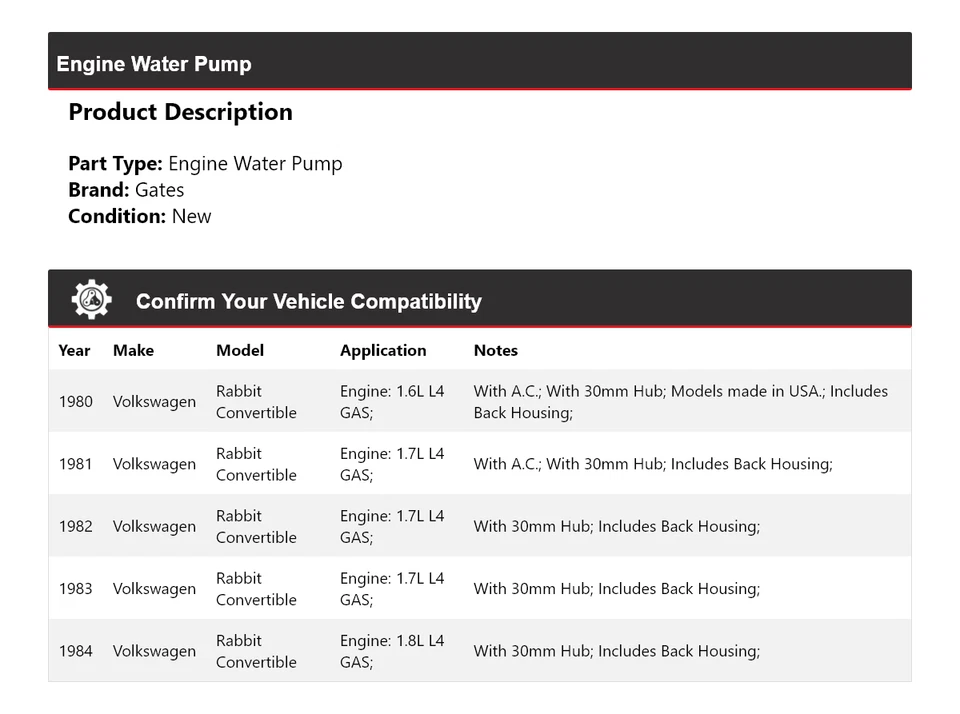 Para Volkswagen Rabbit 1980-1984 Motor Convertible Bomba Agua Puertas 1981 1982 Foto 2 de 4