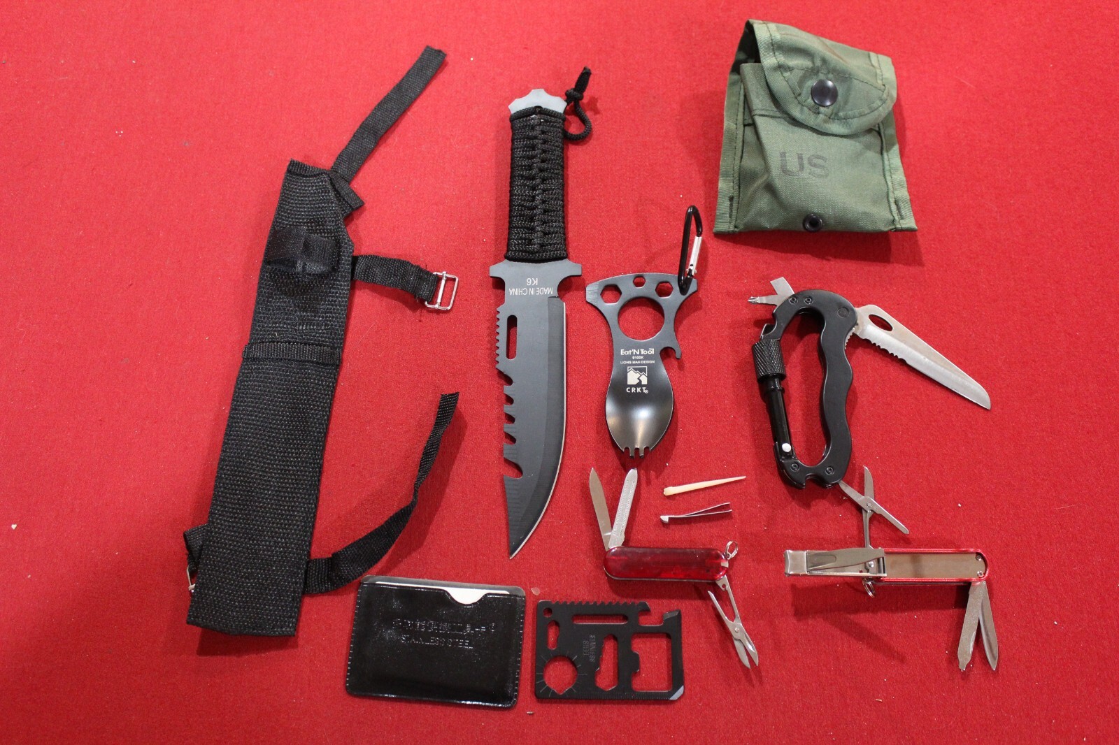 Survival Knife Backpack with Multi-Tool Nail Clipper Carabiner Spoon Screwdriver Military Pouch  -image