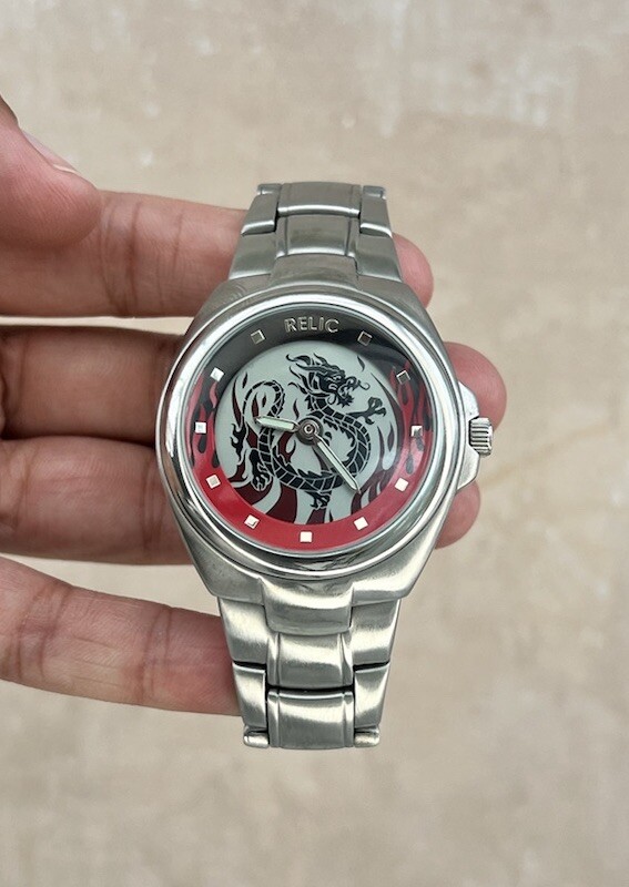 RARE y2k Relic by FOSSIL Big Tic Black Dragon Red Fire Watch RARE y2k Relic by FOSSIL Big Tic Black Dragon Red Fire Watch