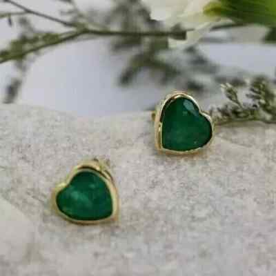 Natural Emerald 2.00Ct Heart Cut Solitaire Stud Earring 14K Yellow Gold Plated
