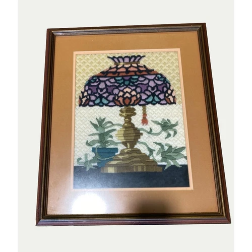 Tiffany Style Needlework Stained Glass Lamp Crewel Vtg Framed