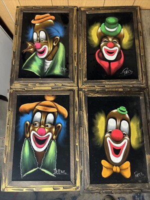Set Of 4 Vintage Smiling Clown on Black Velvet w/ Frame Signed