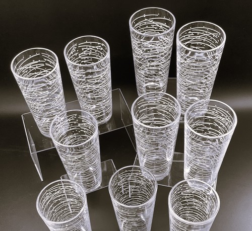 Set of 10 Narrow Coolers 14Oz MCM Clear Glasses White Dots Spaghetti Lines VIDEO - Picture 10 of 17