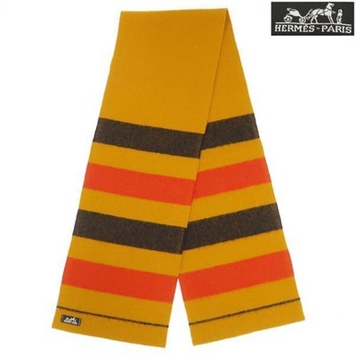 HERMES Rocabar Wool Scarf Stripe Mustard Yellow Authentic