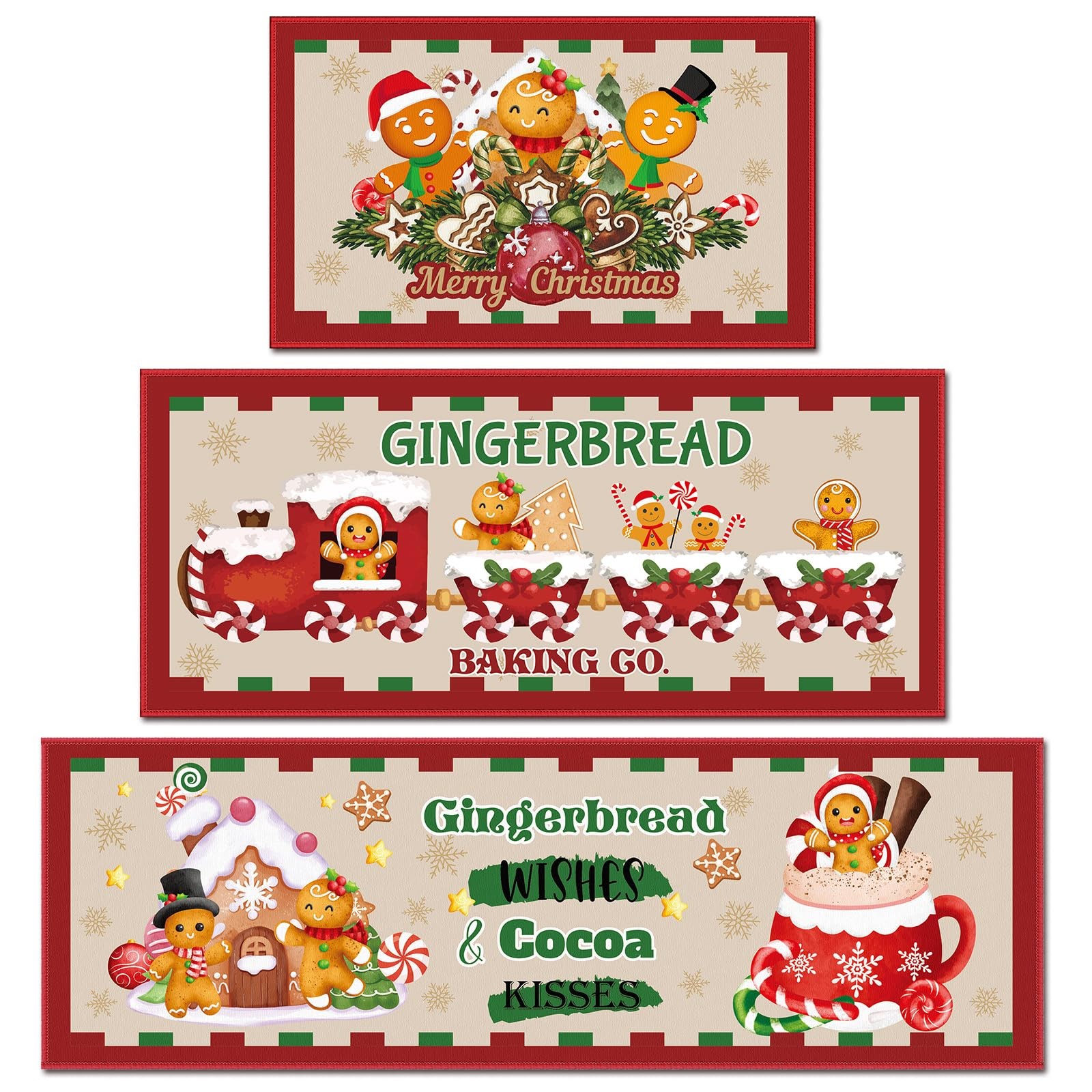 3 Pcs Christmas Kitchen Rug Christmas Absorbent Anti Fatigue Winter Mat Non S...