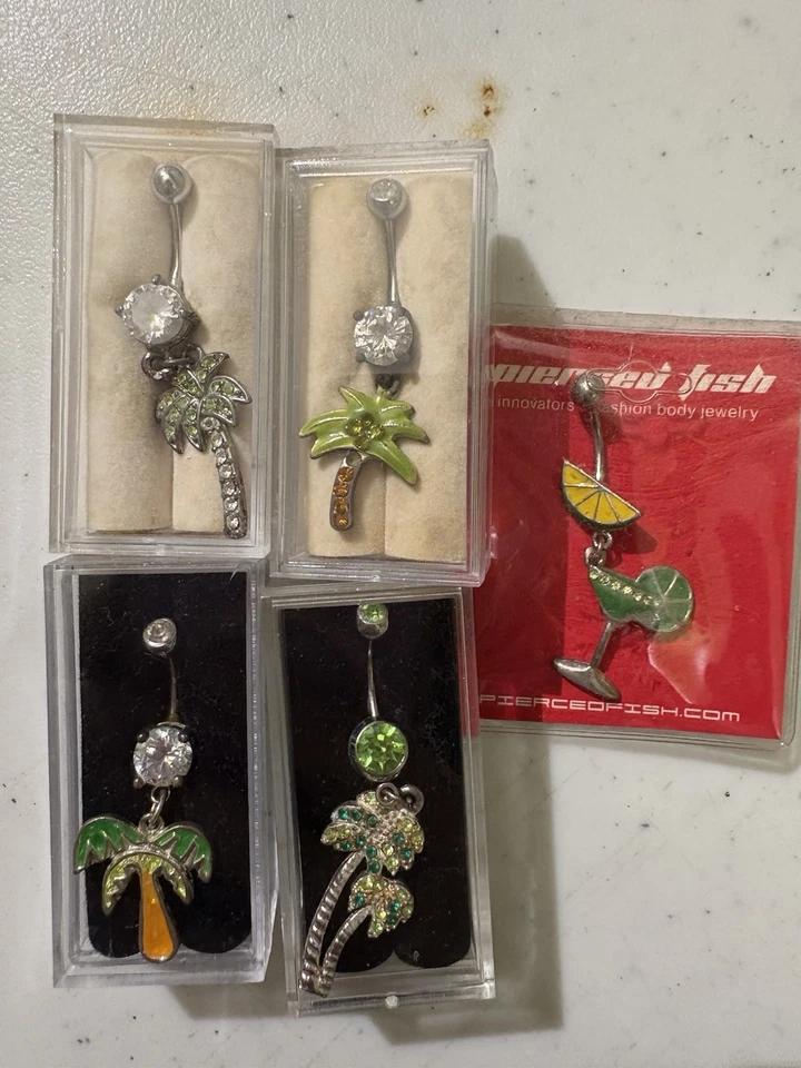 Lote de anillos ombligo ~ 9 barra de plátano ombligo tropical palma flamenco loro brillo Foto 2 de 2