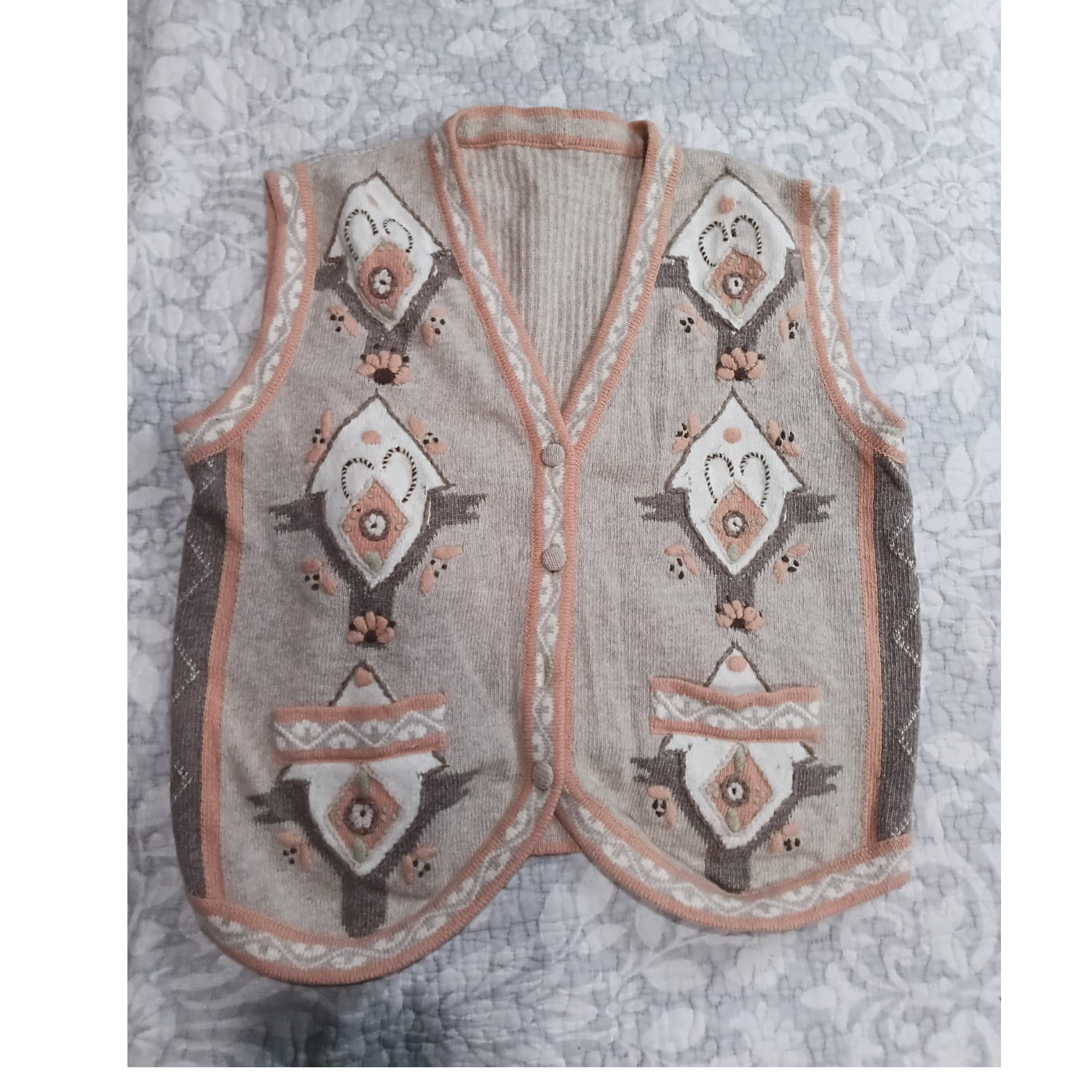Beige Knit Sweater Vest V-Neck Sleeveless Geometric Button Front Women's L
