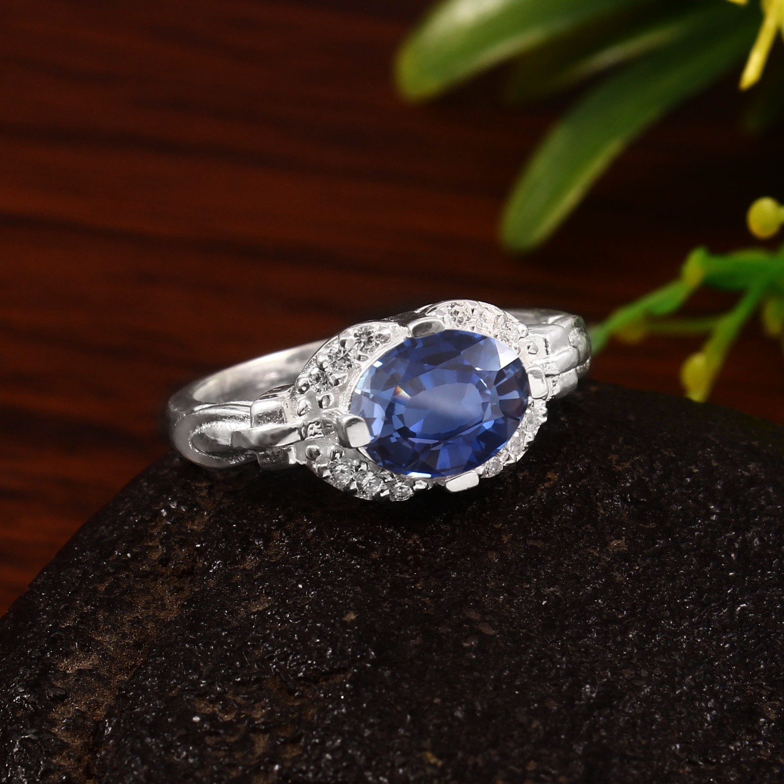 Anillo De Compromiso Zafiro Azul Natural 925 Plata De Ley Oval 9x7mm