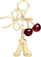 Initial Letter Cherry Bow Bubble Pink Bag Charm Keychain for Purse Handbag