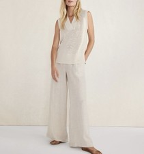 New Talbots Wide Leg Linen Pull On Pants Oatmeal Lagenlook Sz Large Pockets