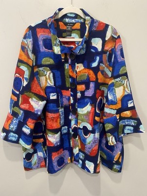 Ali Miles 2X Abstract Geometric Print Button Up Top Artsy Lagenlook Wearable Art