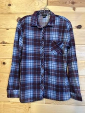 Justify Women’s Plaid Button Up Shirt Size S Roll Tab Sleeve Burgundy Blue