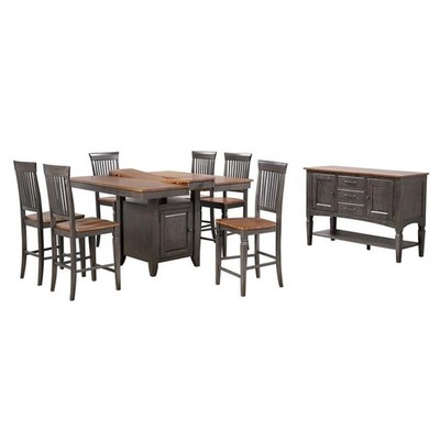 Dakota 8PC Extendable 42-54-in Pub Dining Table Set w Buffet Brown Gray Wood