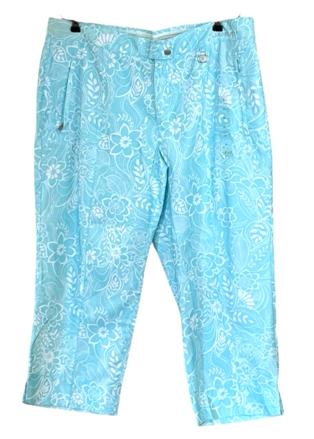 Izod Women's Aqua Blue White Crop Pants Capris Zip Fly Pockets Cotton Size 8 NWT