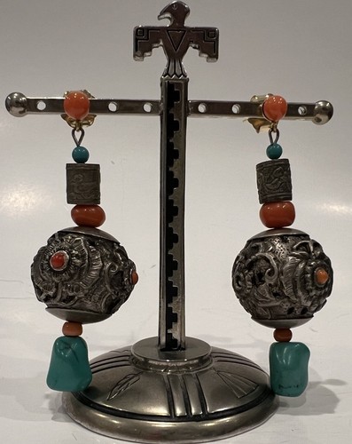 Native American Sterling Silver Turquoise Coral Earrings 2-3/4” 32.5g REPAIR