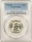 1934-D WASHINGTON QUARTER - PCGS MS-64, BLAST WHITE!