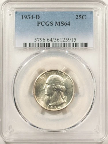 1934-D WASHINGTON QUARTER - PCGS MS-64, BLAST WHITE!