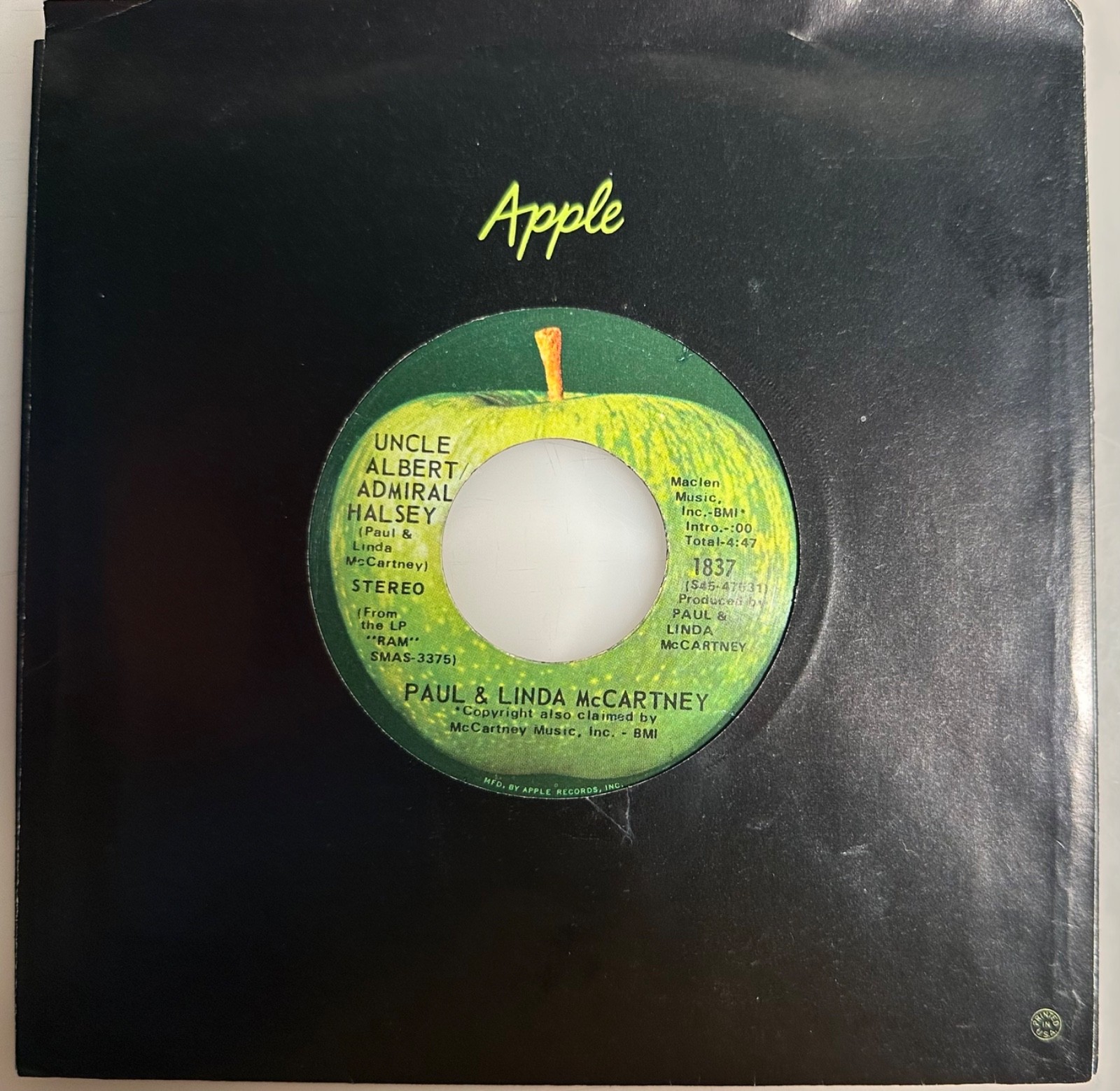 Paul McCartney / Uncle Albert with ERROR spelling / 1971 Apple 45 / VG+++