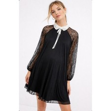ASOS Black Chiffon Swing Dress Lace Sleeves Embellished Peter Pan Collar Sz 6