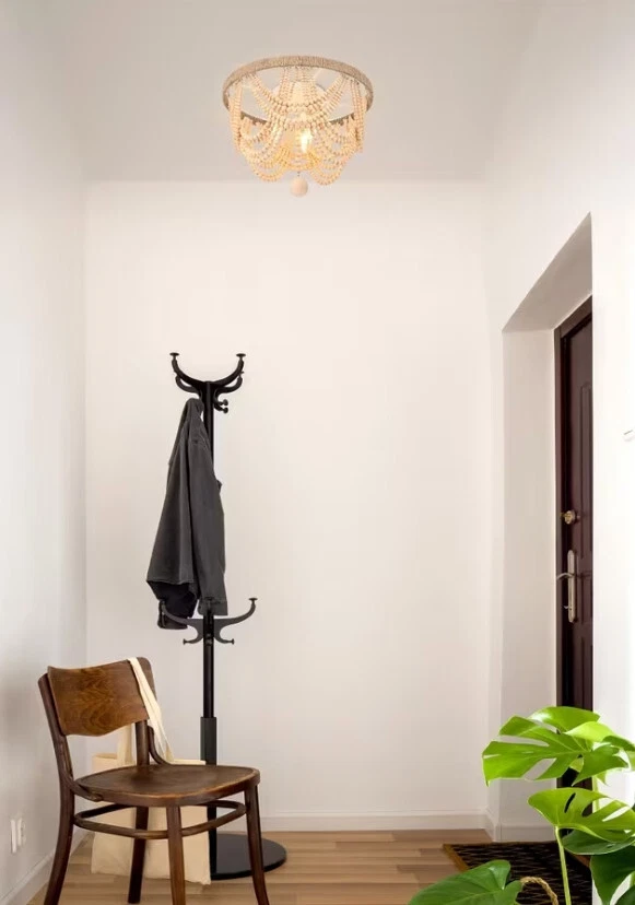 Flush Mount Chandelier Ceiling Light Fixture Shabby Beige Chic Wood Beads 16" - Изображение 2 из 4