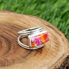 Kingman Pink Dahlia Turquoise 925 Sterling Silver Handmade Ring for Women