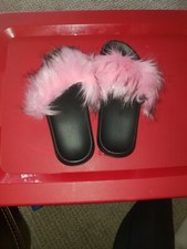 Women's Fox Fur Slides Fuzzy Furry Slippers Comfort Slip On Size 10-11