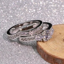 2pcs/set Women 925 Silver Filled Ring Cubic Zircon Wedding Set Jewelry  Sz 6-10
