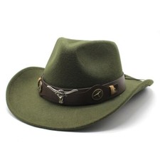 Dark Green Western Cowboy, Cowgirl Hat, Bull Horns Strap, Men Women Wide Brim