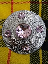 Scottish Fly Plaid Brooch With 5 Pink Stone In Chrome Finish 4"Fly Plaid Brooch