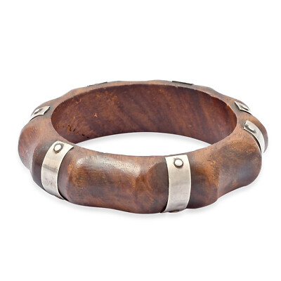 Artisan Crafted Faceted Sterling Silver and Wood Bangle for Women   