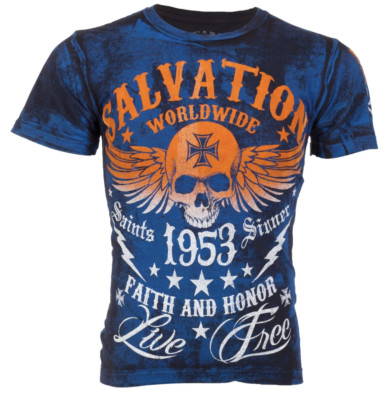 Archaic By Affliction Men's T-Shirt BLACK TIDE Skull Blue Biker S-3XL