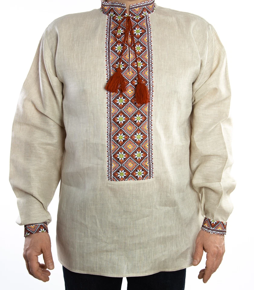 Ukrainian VYSHYVANKA for men beige orange linen hand Embroidered SHIRT Wedding - Image 3 of 4