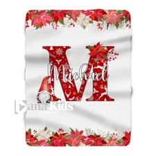 Personalized Baby Christmas Blanket, Custom Initial Gnome Poinsettia Blanket