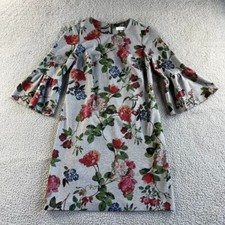Calvin Klein Dress Womens 8 Gray Pink Midi Sheath Floral 3/4 Bell Sleeve Boho