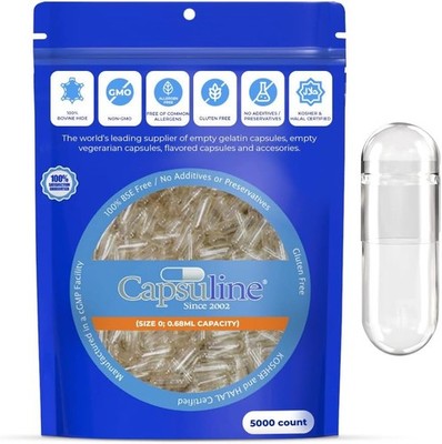 Capsuline Size 0 Empty Gelatin Capsules, Clear - 5000 Count | Gluten Free, Kos