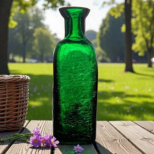 Vintage Emerald Green Crackle Glass Bottle Vase Blenko Rainbow ? MCM 8" Quality