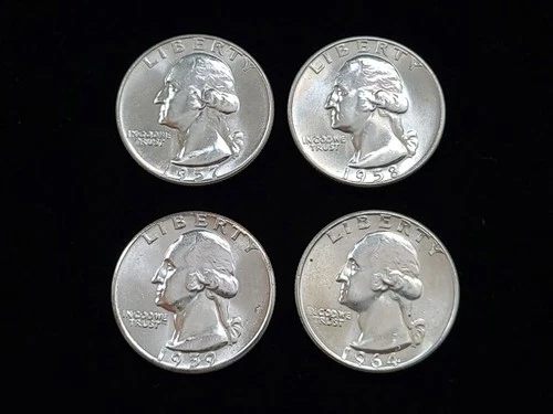 1957-D, 1958-D, 1959 & 1964 Washington Silver Quarters Brilliant Unc. NICE!
