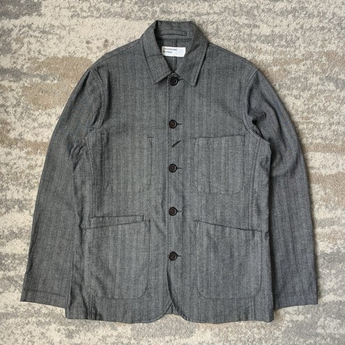 Universal Works Summer Herringbone Striped Chore Field Bakers Grey Jacket Medium