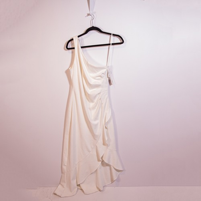 #ad NEW Aqua Crepe One Shoulder Asymmetrical Ruffle Midi Ruched Dress White 8 $87.50