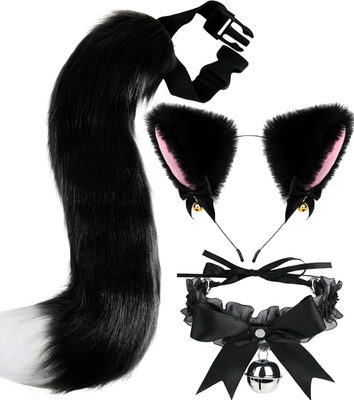 Faux Fur Cat Ears and Long Tail Set with Bell Collar - Halloween Cosplay Outfit Amazon.com: TOPPERFUN Cat Cosplay Costume Set, Cat Ears and  main image 3