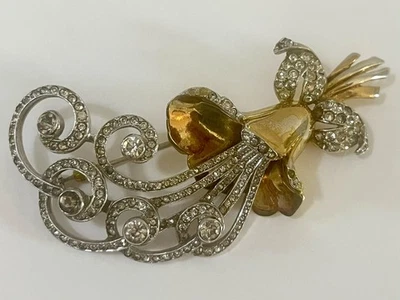 Vintage Coro Brooch Flower Rhinestone Estate Jewelry As Is REPAIR Huge Signed - Image 1 of 4