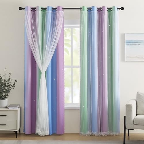 Blackout Curtains for Girls Kids Bedroom - Blue Purple Green Rainbow Unicorn
