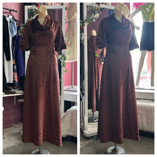 Vintage 70s Velvet Midi Maxi Dress Brown Boho Hippy Minimalist Hostess M/L