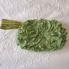 Iridescent Green Fabric Special Occasion Wristlet Clutch with Ruffled Rosettes