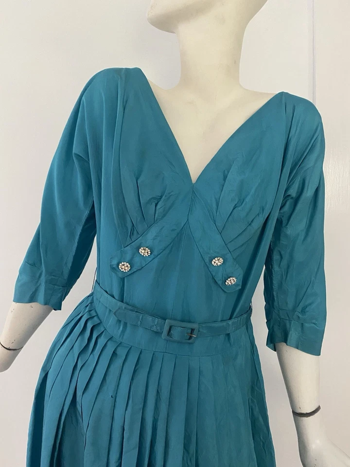 Vintage 40s 50s New Look Style Blue Satin Dress Distressed Rockabilly Femme Belt - Image 2 of 4