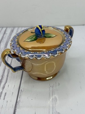 Noritake Art Deco Handpainted Covered Sugar Bowl Peach Luster Japan