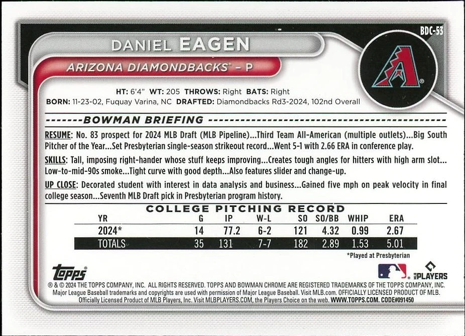 2024 Bowman Draft Chrome - Daniel Eagen 1st BDC-53 - Purple Refractor #047/250 - Image 2 of 3