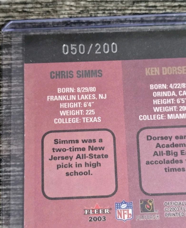 Fleer Tradition 2003 Wallace Dorsey Simms #291 Tiffany Rookie 050/200 paquete nuevo Foto 3 de 4