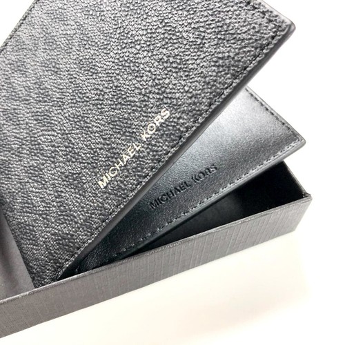 Michael Kors MK Men Black Logo Leather Bifold Billfold Slim Wallet w/ Money Clip - Picture 2 of 4